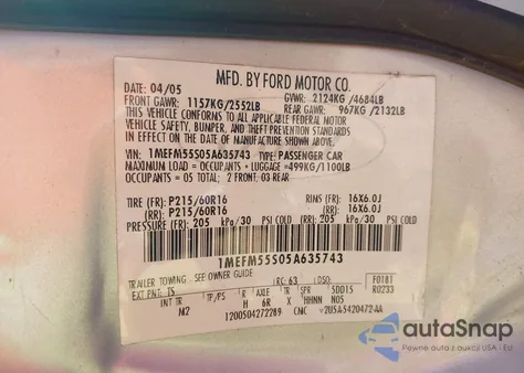 2005 Mercury Sable Ls z USA, uszkodzony, nr VIN 1MEFM55S05A635743